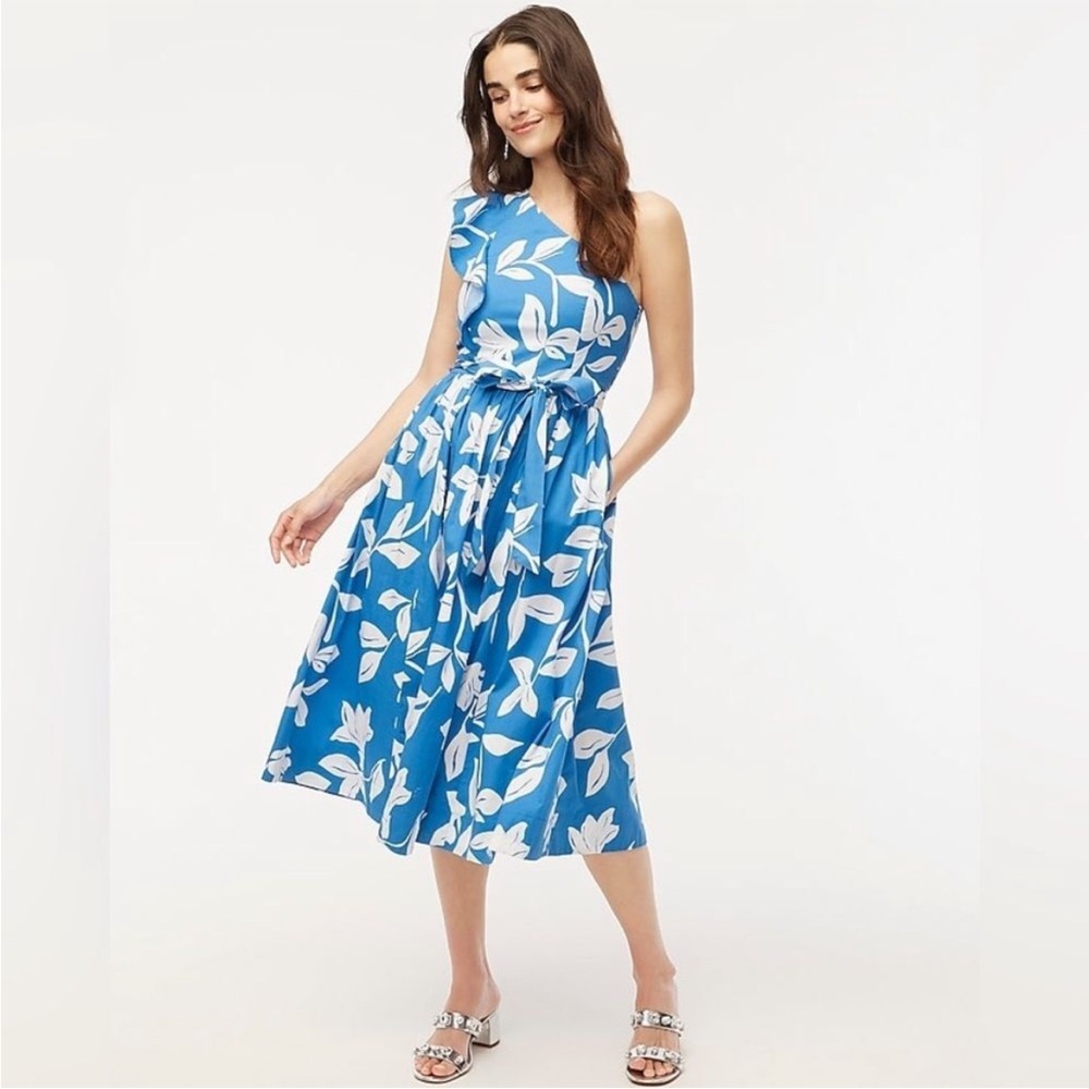 J Crew One-Shoulder Cotton Blue Floral Midi Dress with Waist Tie Sz 2